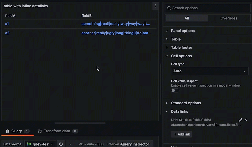 Table inline datalink support