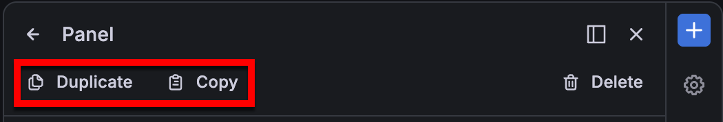 Dashboard sidebar header with duplicate and copy buttons highlighted