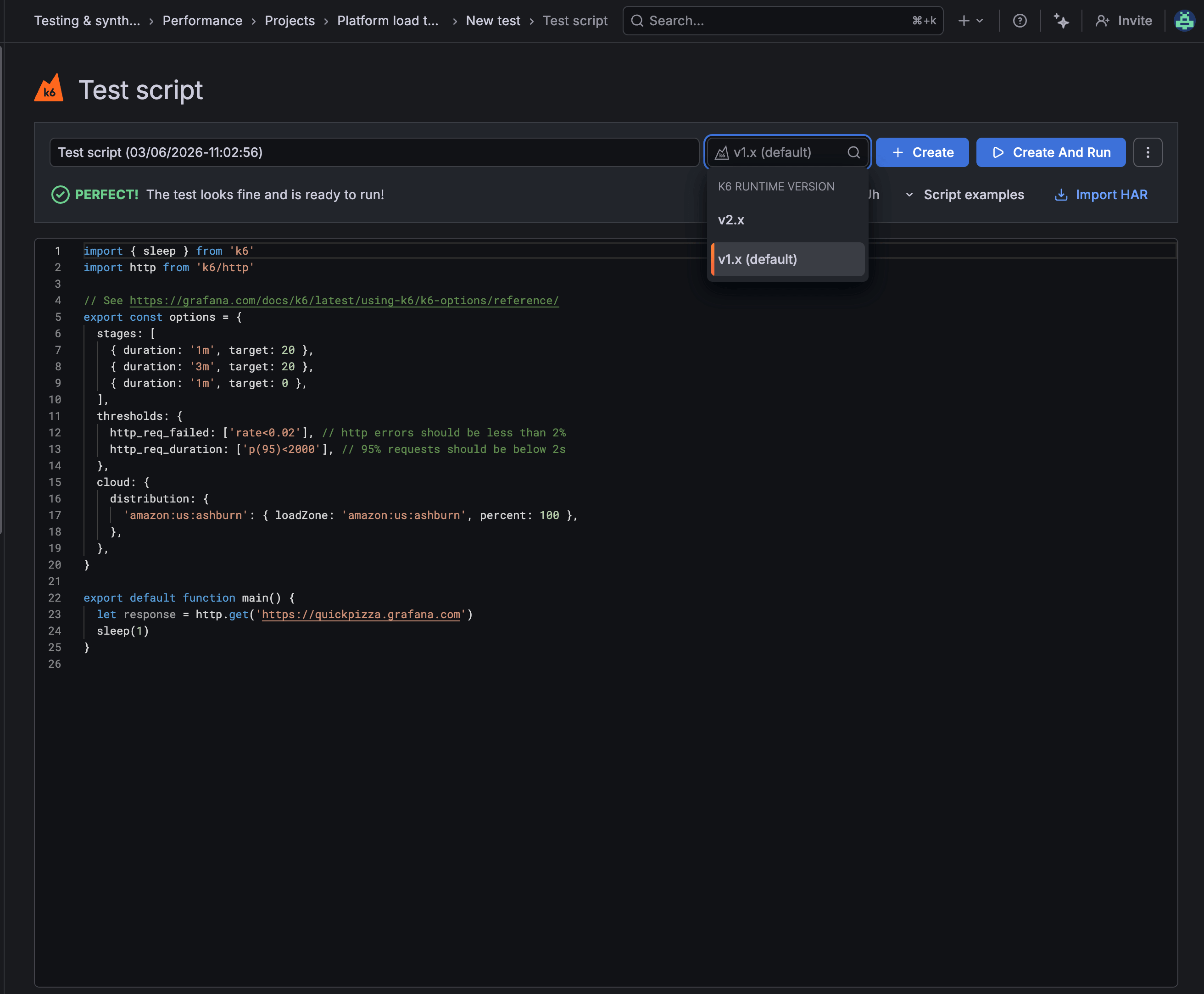The Grafana Cloud k6 script editor, showing the k6 runtime version menu with v1.x (default) and v2.x options