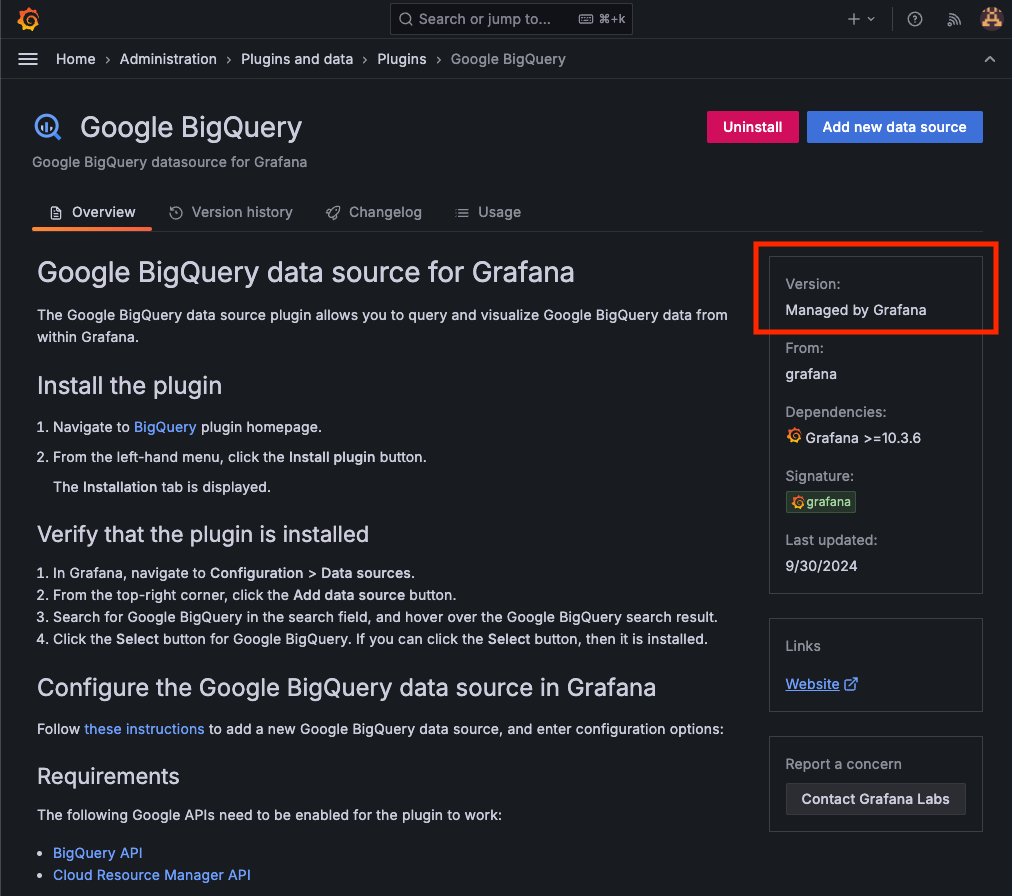Plugin details page showing managed by grafana version