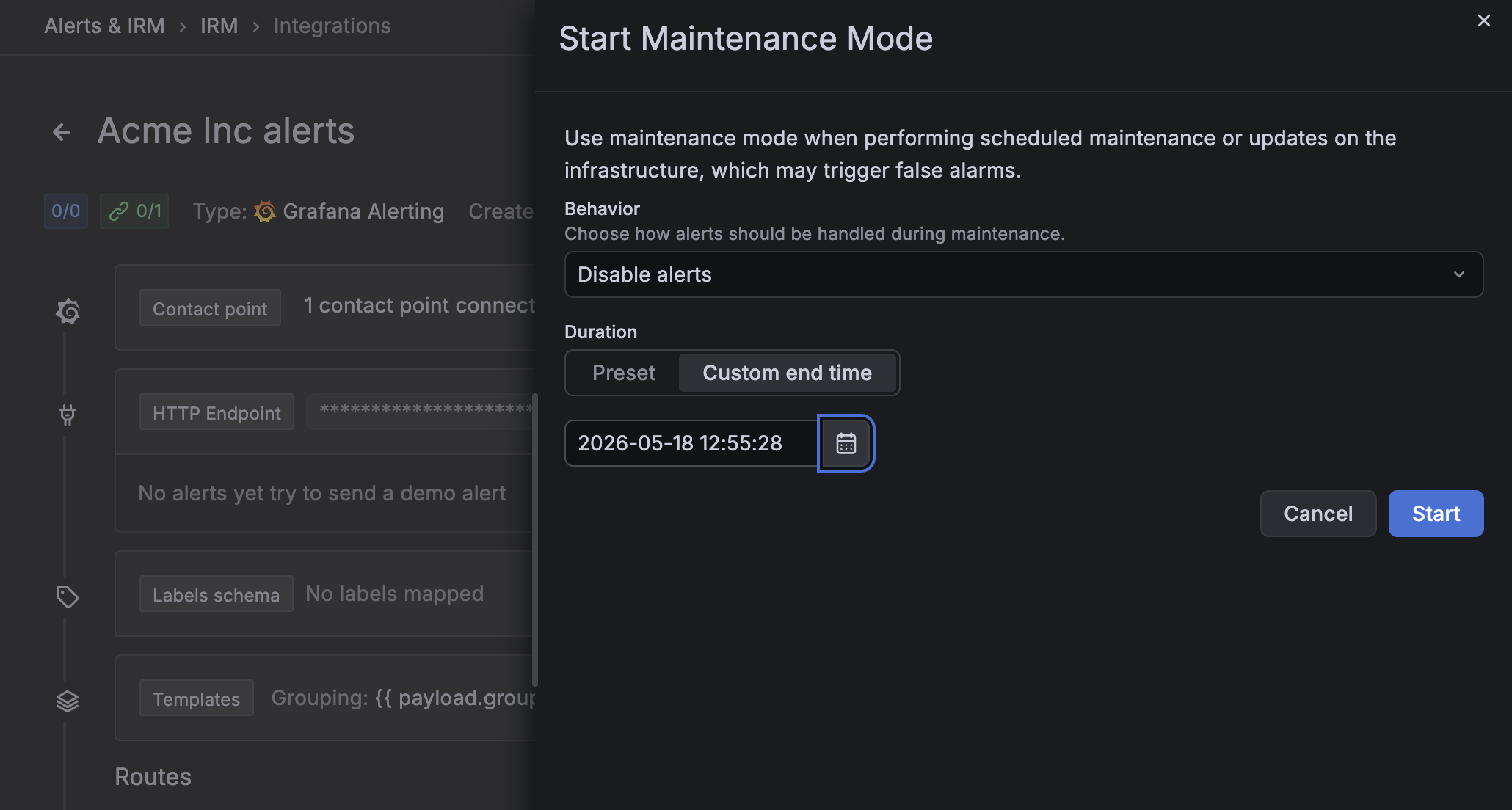 Screenshot of IRM Integration page Maintenance mode drawer, showing Disabled alerts mode with custom timing.